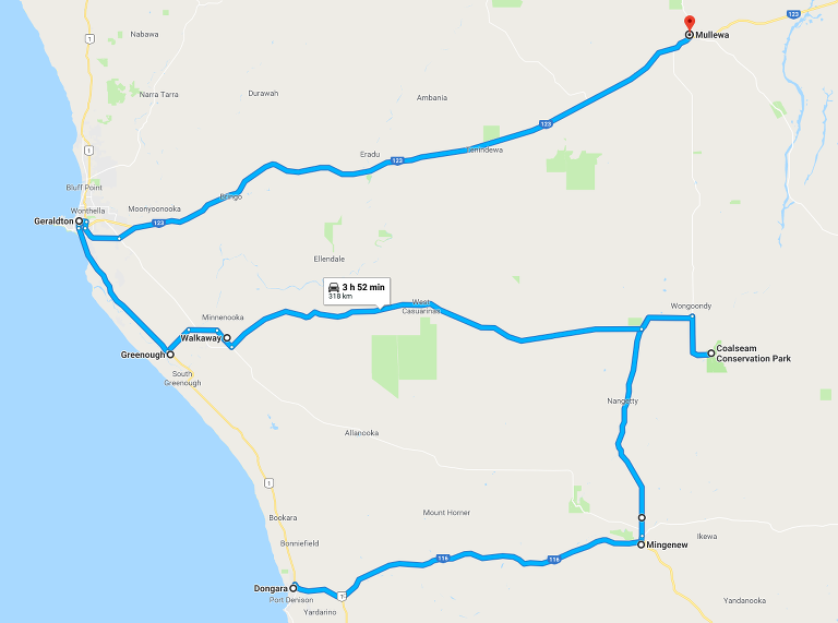 Route map: Dongara - Port Denison to Mullewa