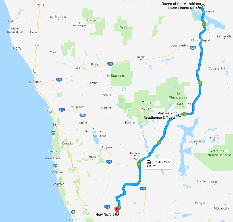Route Map: Cue to New Norcia